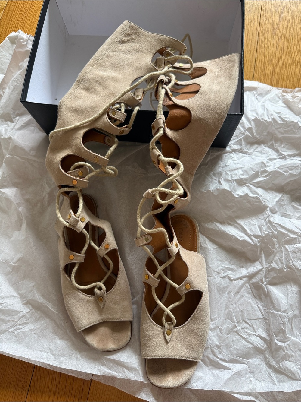 Chloe Women’s Lace-Up Gladiator Sandals in Light Pink Suede Size 36